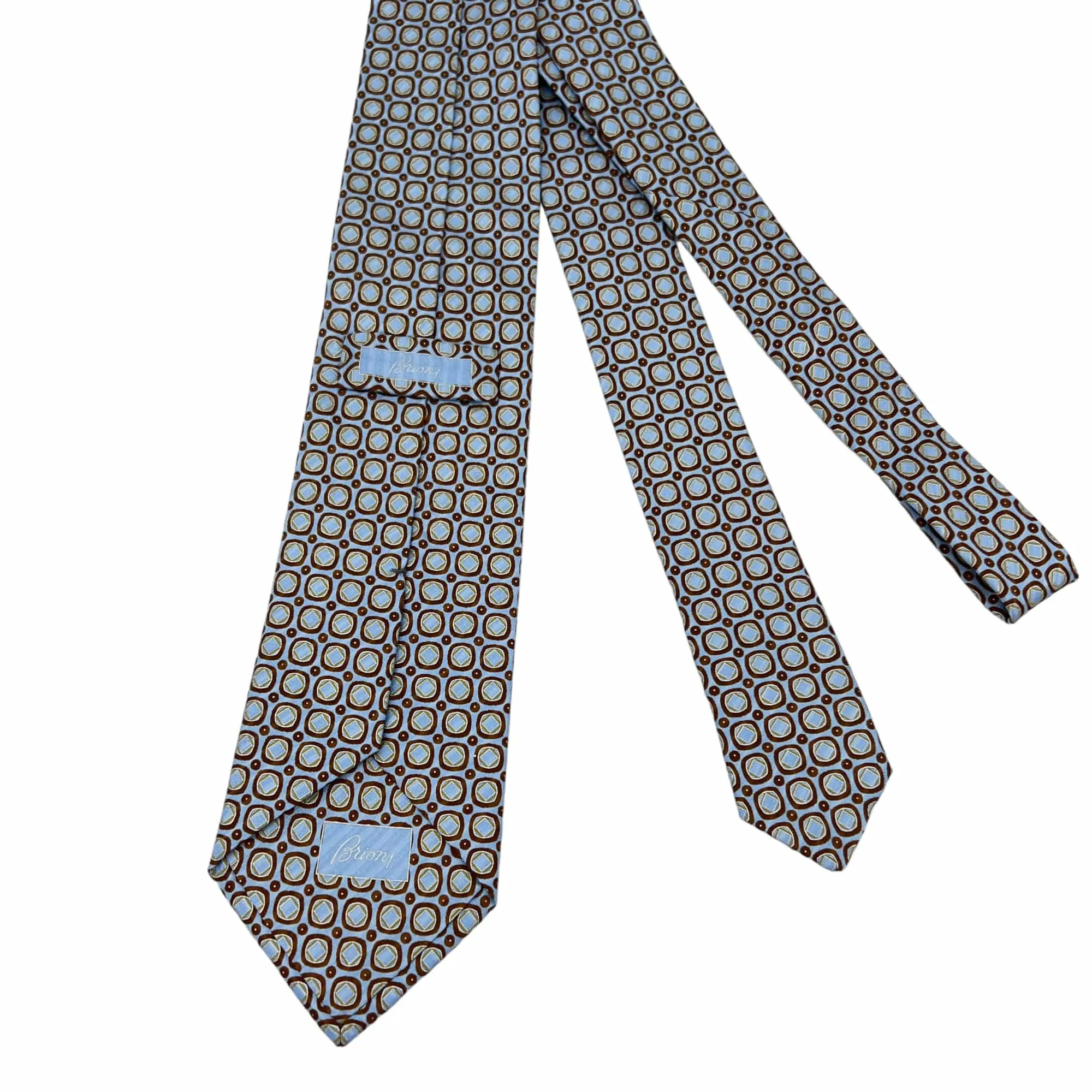 BRIONI Geometric Octagon Pattern Handmade Silk Tie - Brown & Powder Blue