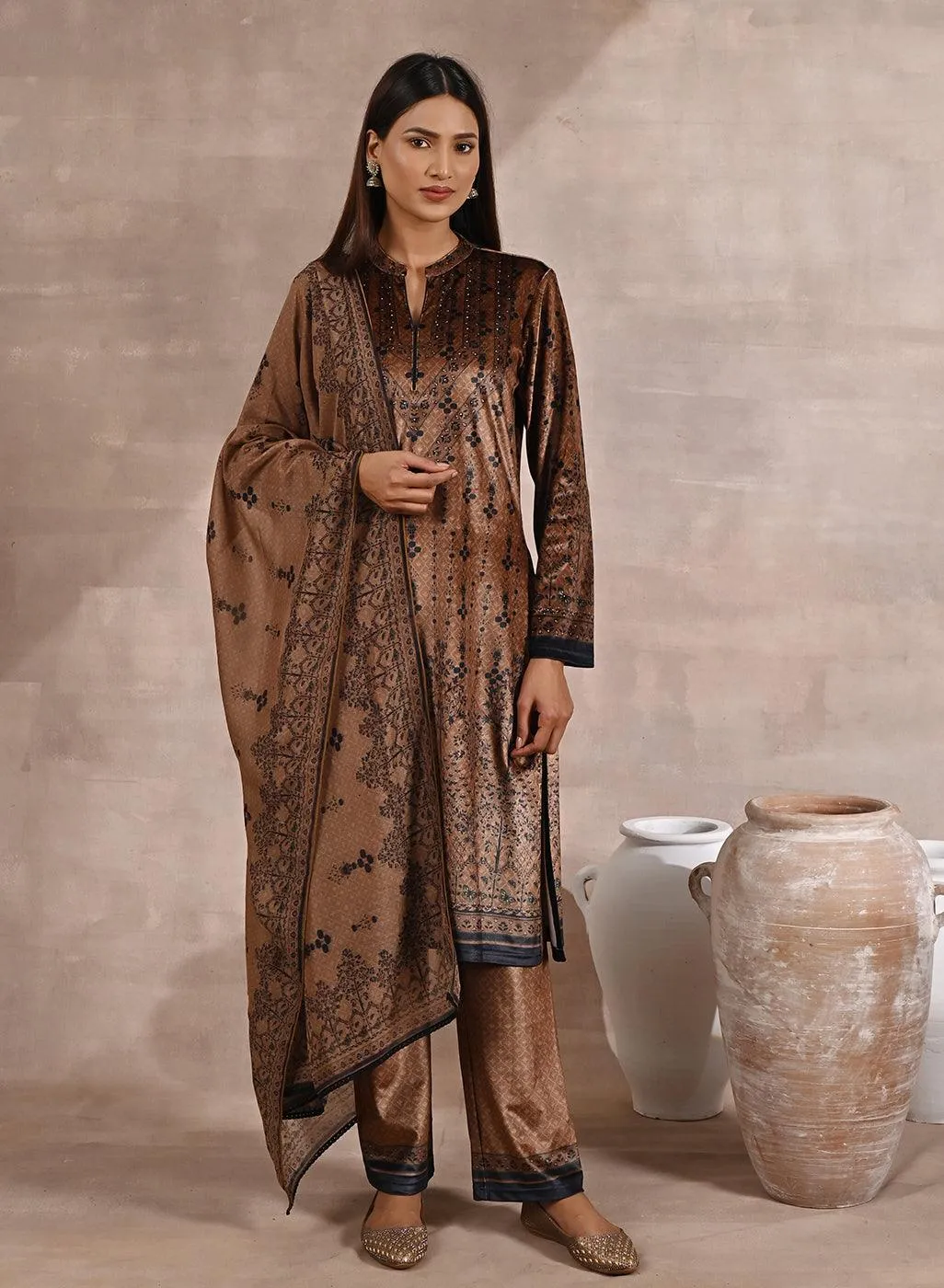 Brown Ethnic Printed Velvet 3 Piece Kurta Set