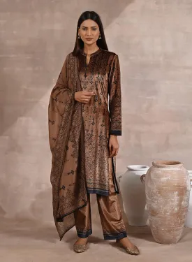 Brown Ethnic Printed Velvet 3 Piece Kurta Set