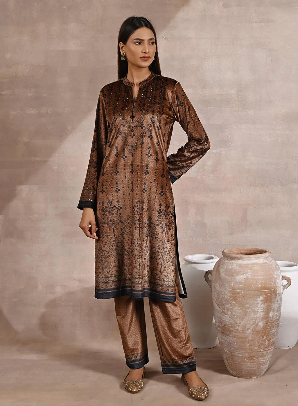 Brown Ethnic Printed Velvet 3 Piece Kurta Set