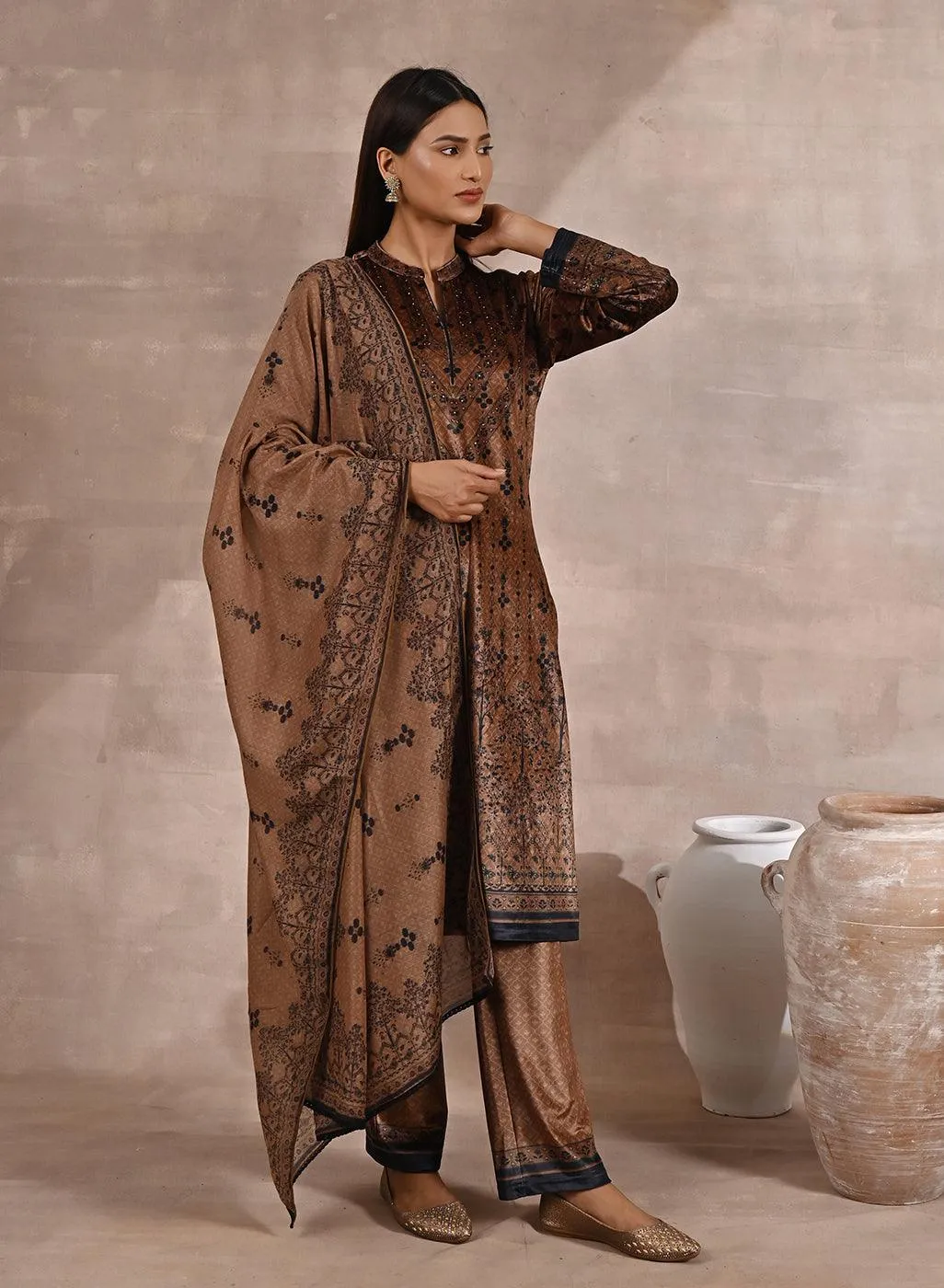 Brown Ethnic Printed Velvet 3 Piece Kurta Set