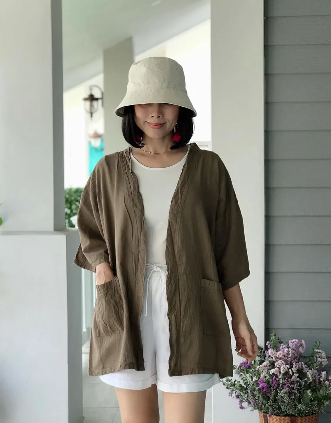 Brown Raw Natural Cotton Gauze Cardigan with Pockets Cover Up Top