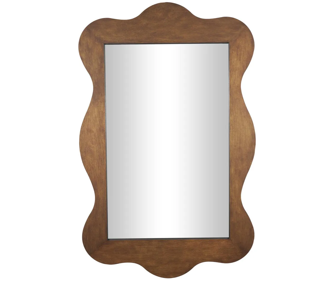 BROWN WOODEN WALL MIRROR WITH WIDE WAVY FRAME, 41" X 2" X 65"