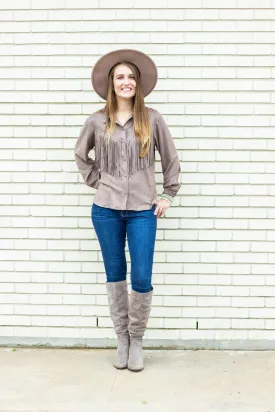 Button Up Faux Suede Fringe Top