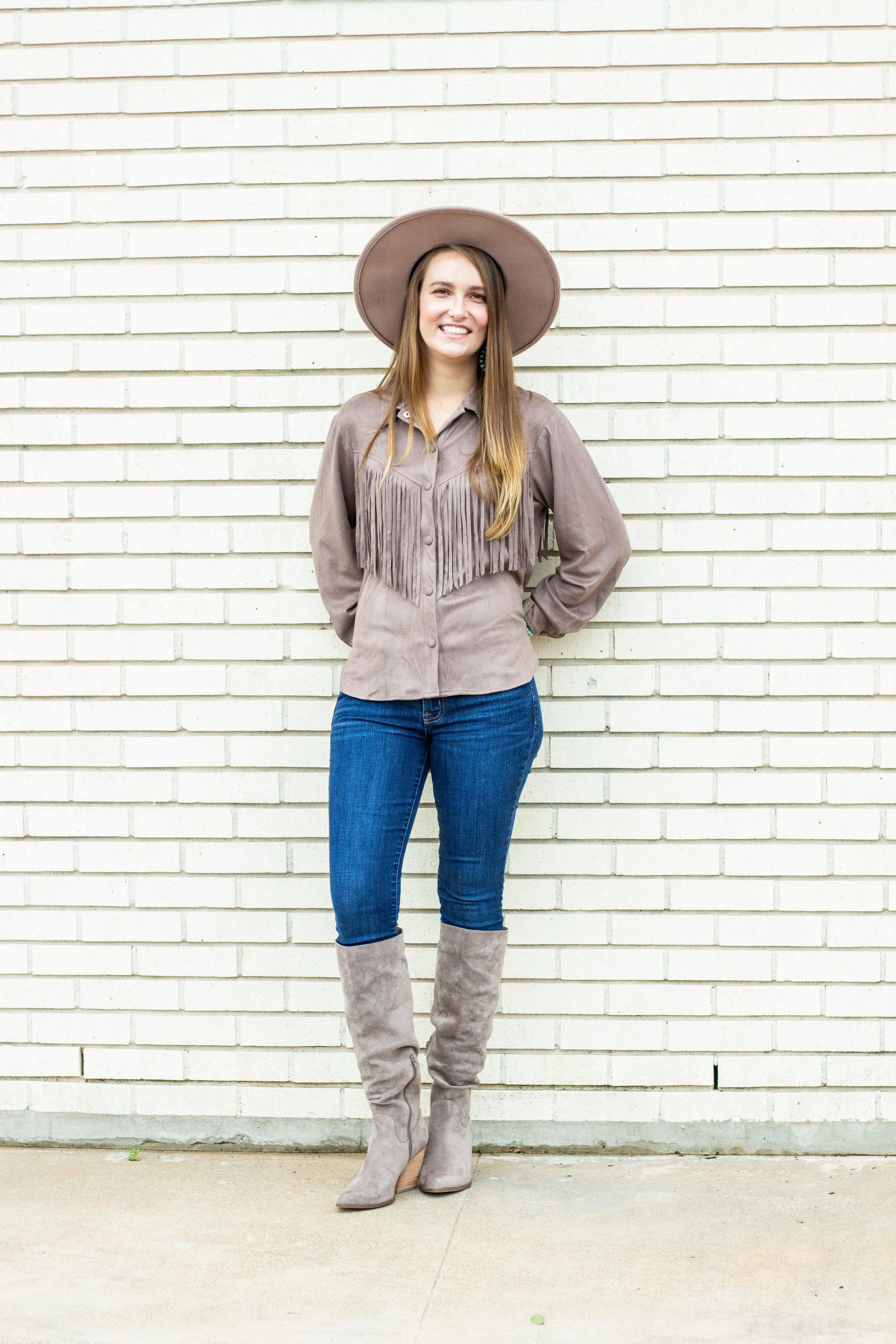 Button Up Faux Suede Fringe Top