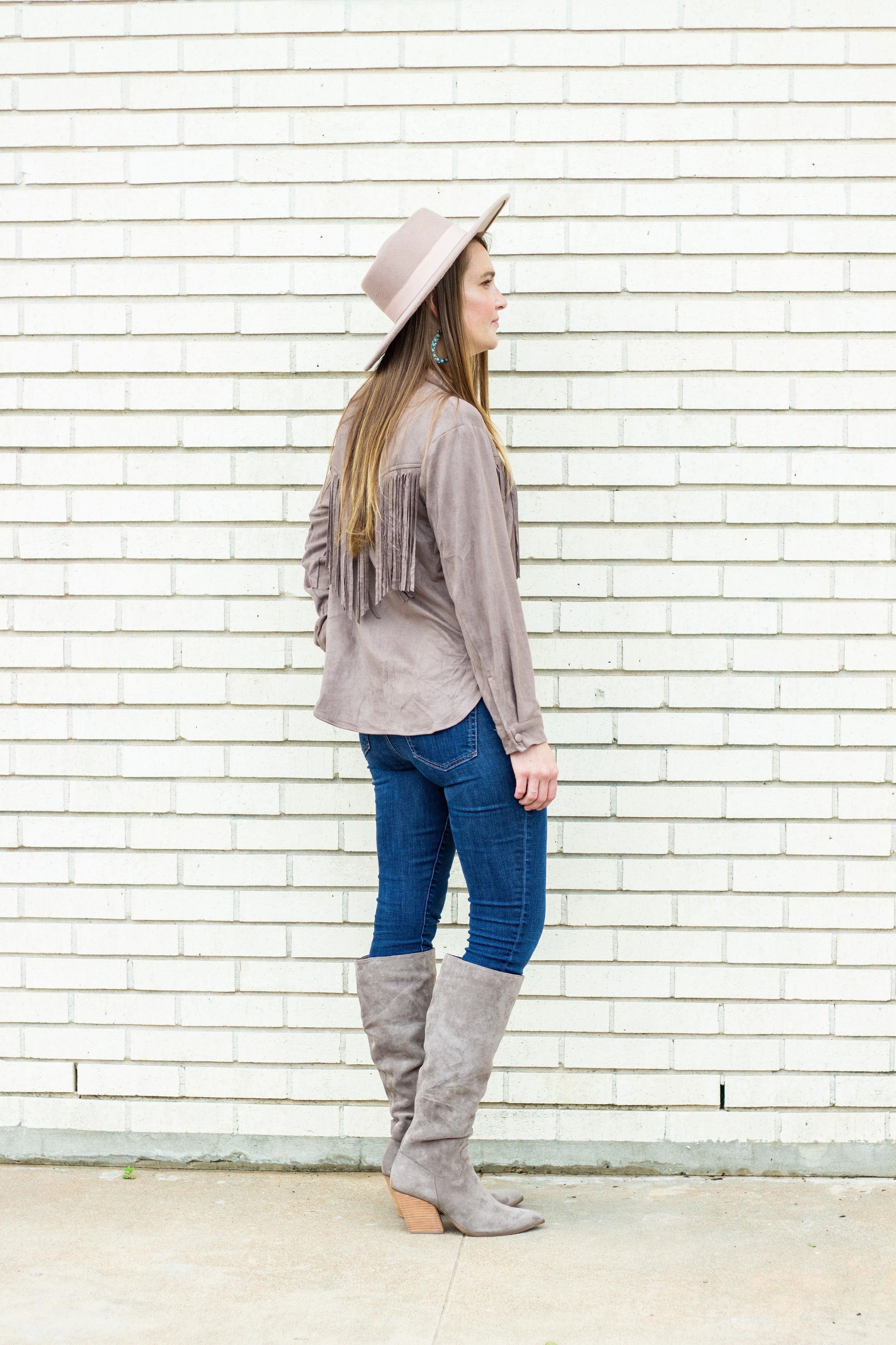 Button Up Faux Suede Fringe Top