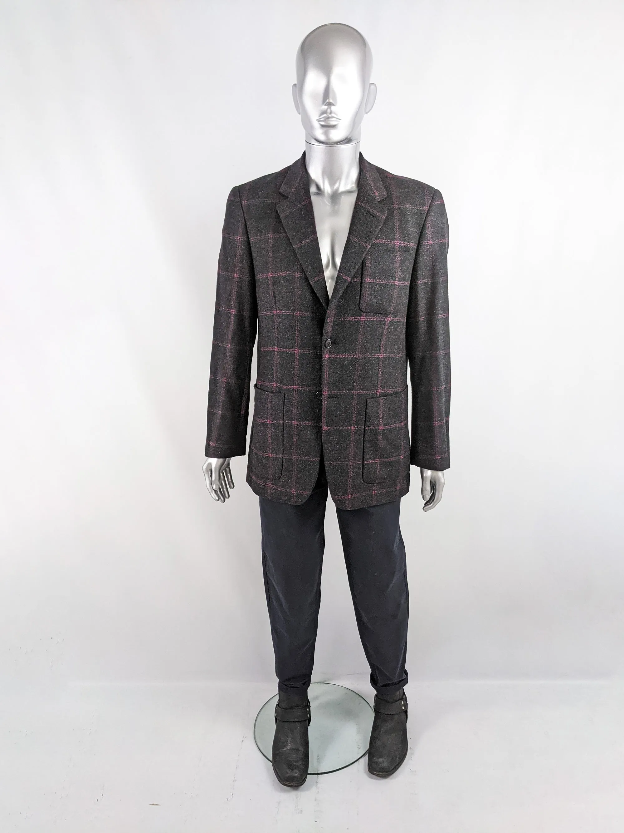 Byblos Vintage Mens Grey & Pink Windowpane Check Blazer, 1990s