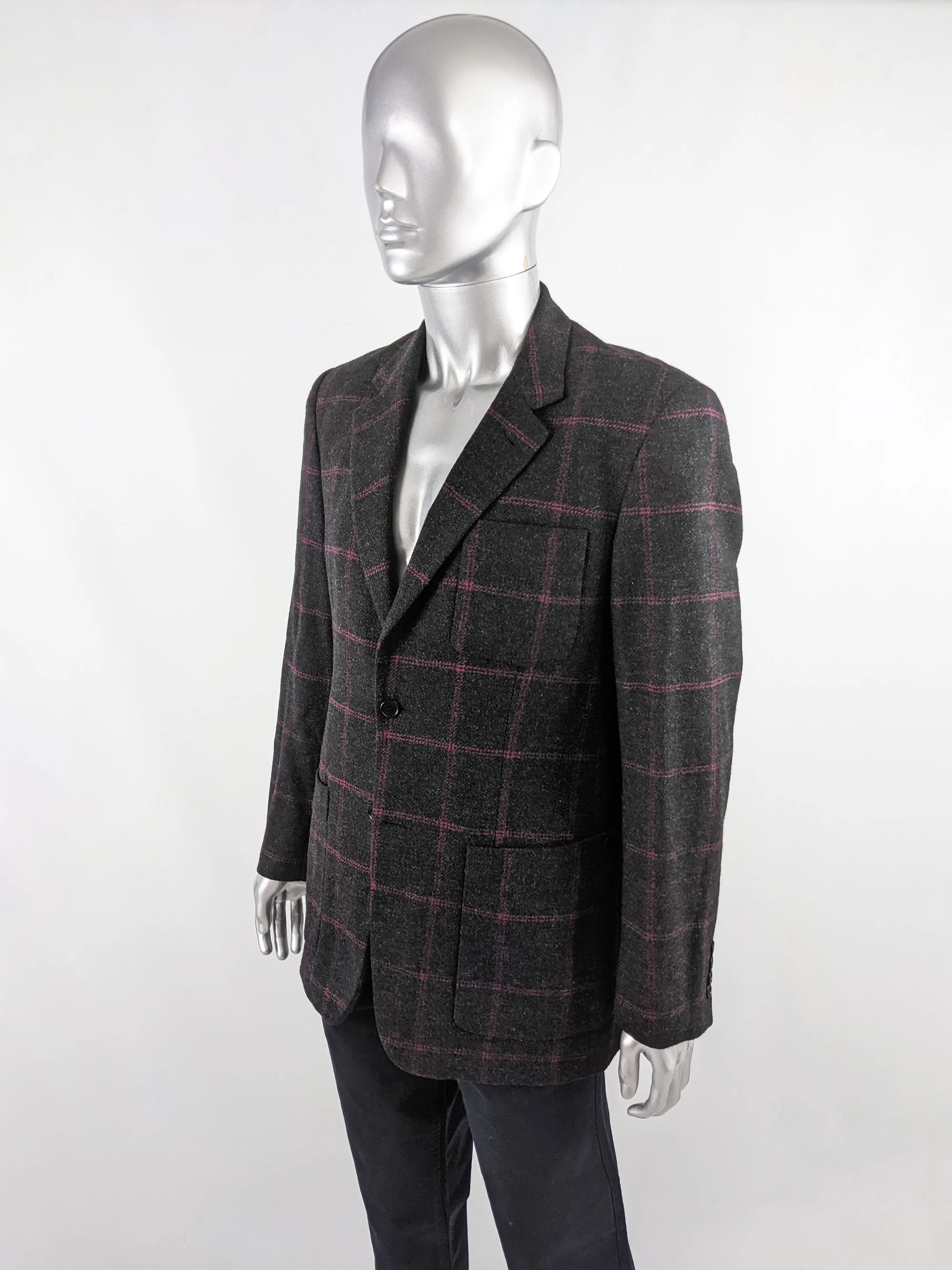 Byblos Vintage Mens Grey & Pink Windowpane Check Blazer, 1990s