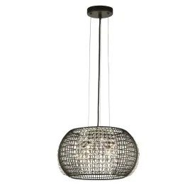 Cage 4 Light Black Drum Pendant - Crystal Glass Panels