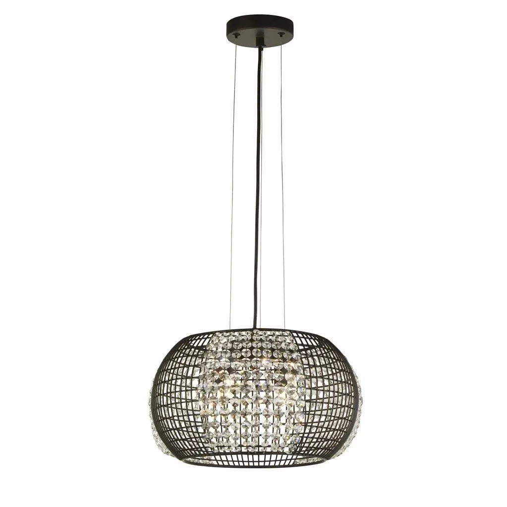 Cage 4 Light Black Drum Pendant - Crystal Glass Panels