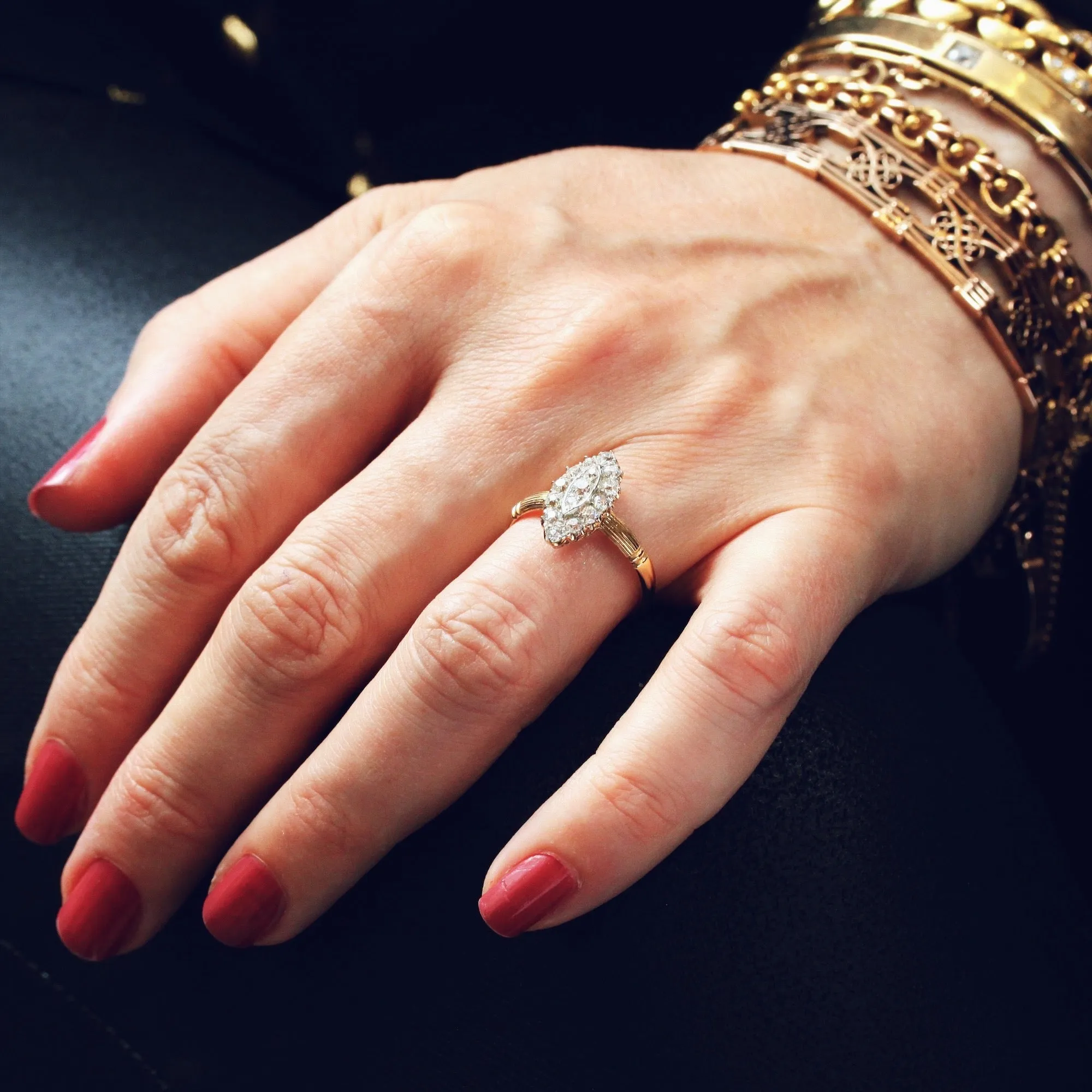 Circa 1900 Edwardian Marquise Diamond Cluster Ring