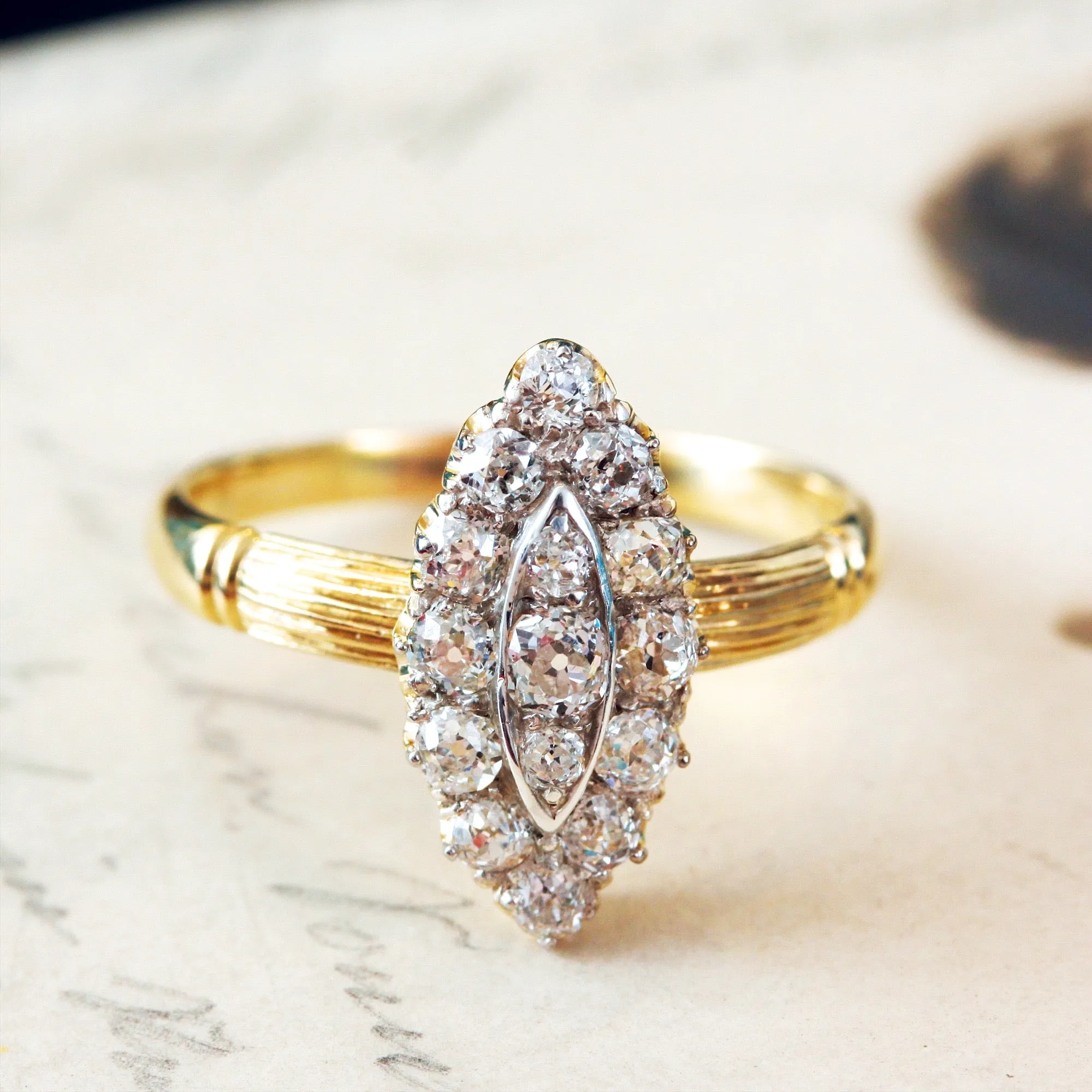 Circa 1900 Edwardian Marquise Diamond Cluster Ring