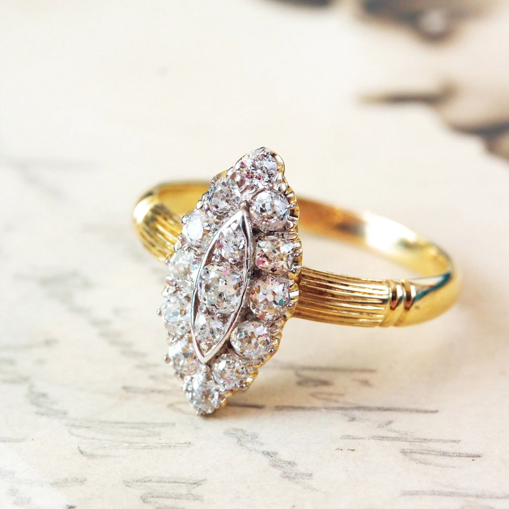 Circa 1900 Edwardian Marquise Diamond Cluster Ring