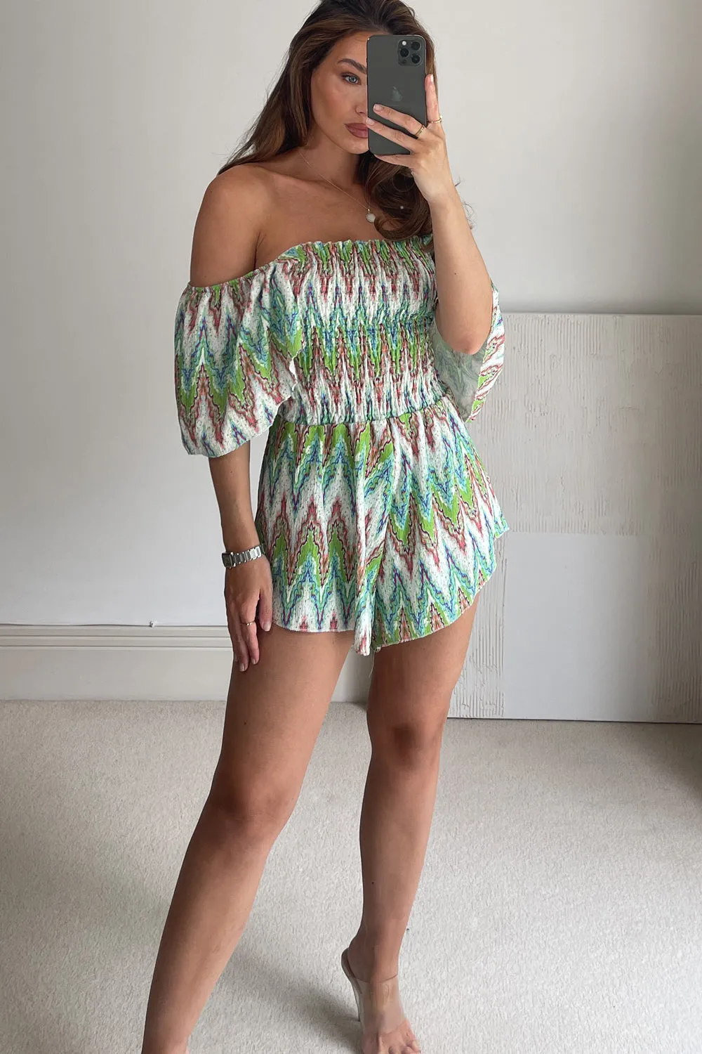 Claire Green Multi Printed Shirred Floaty Playsuit