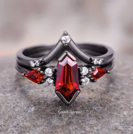 Elegant Coffin-Cut Natural Red Garnet Ring Set with Black Rhodium Finish