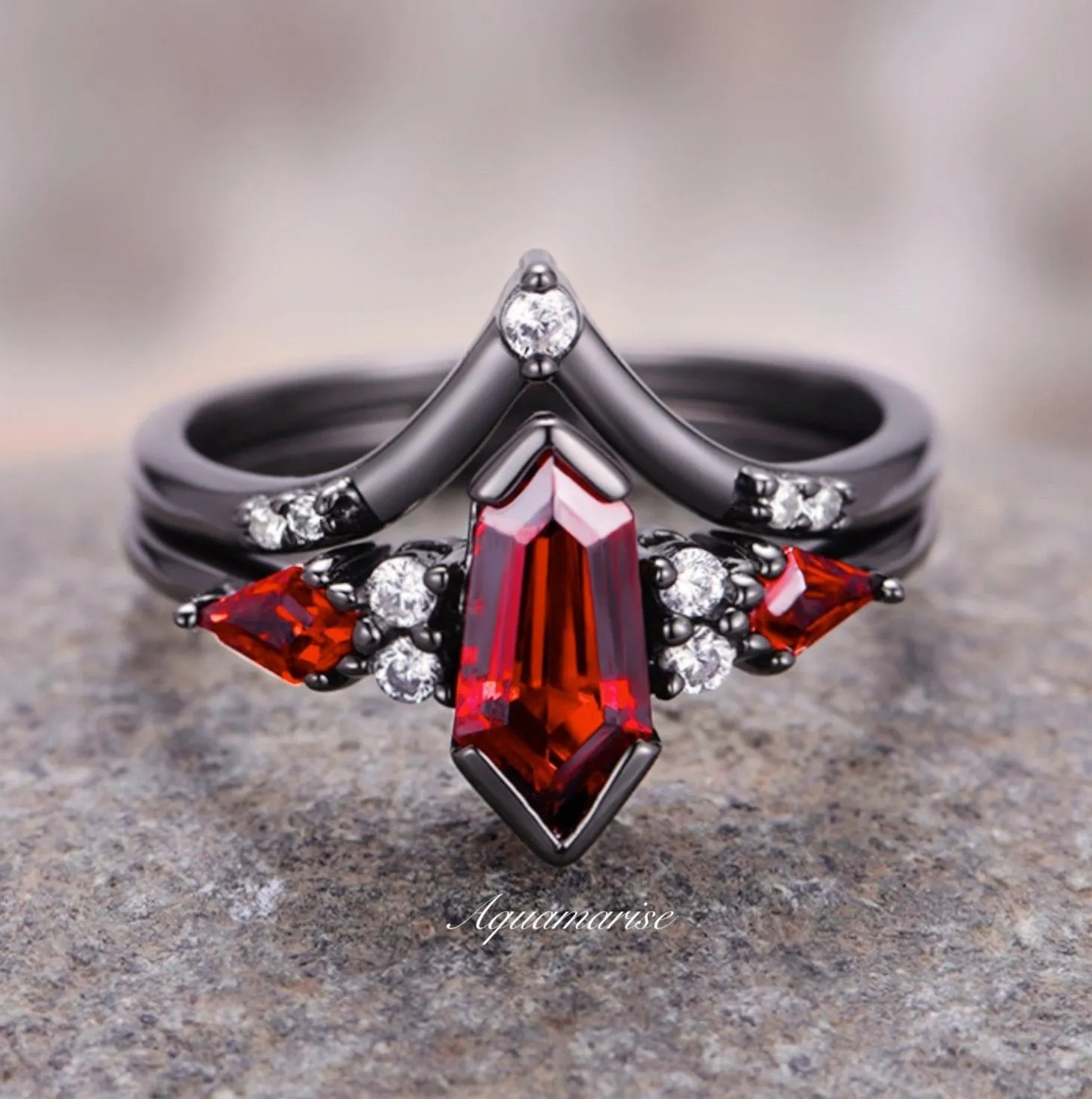 Elegant Coffin-Cut Natural Red Garnet Ring Set with Black Rhodium Finish