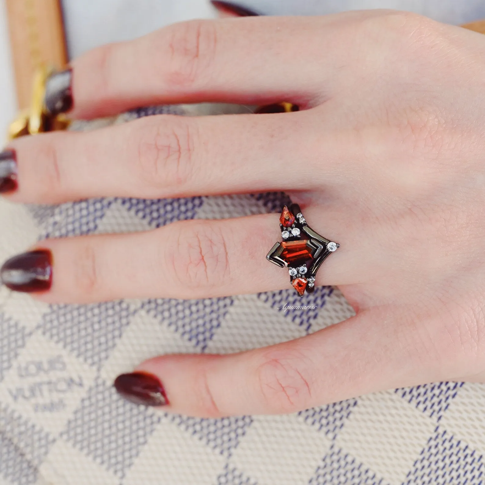 Elegant Coffin-Cut Natural Red Garnet Ring Set with Black Rhodium Finish