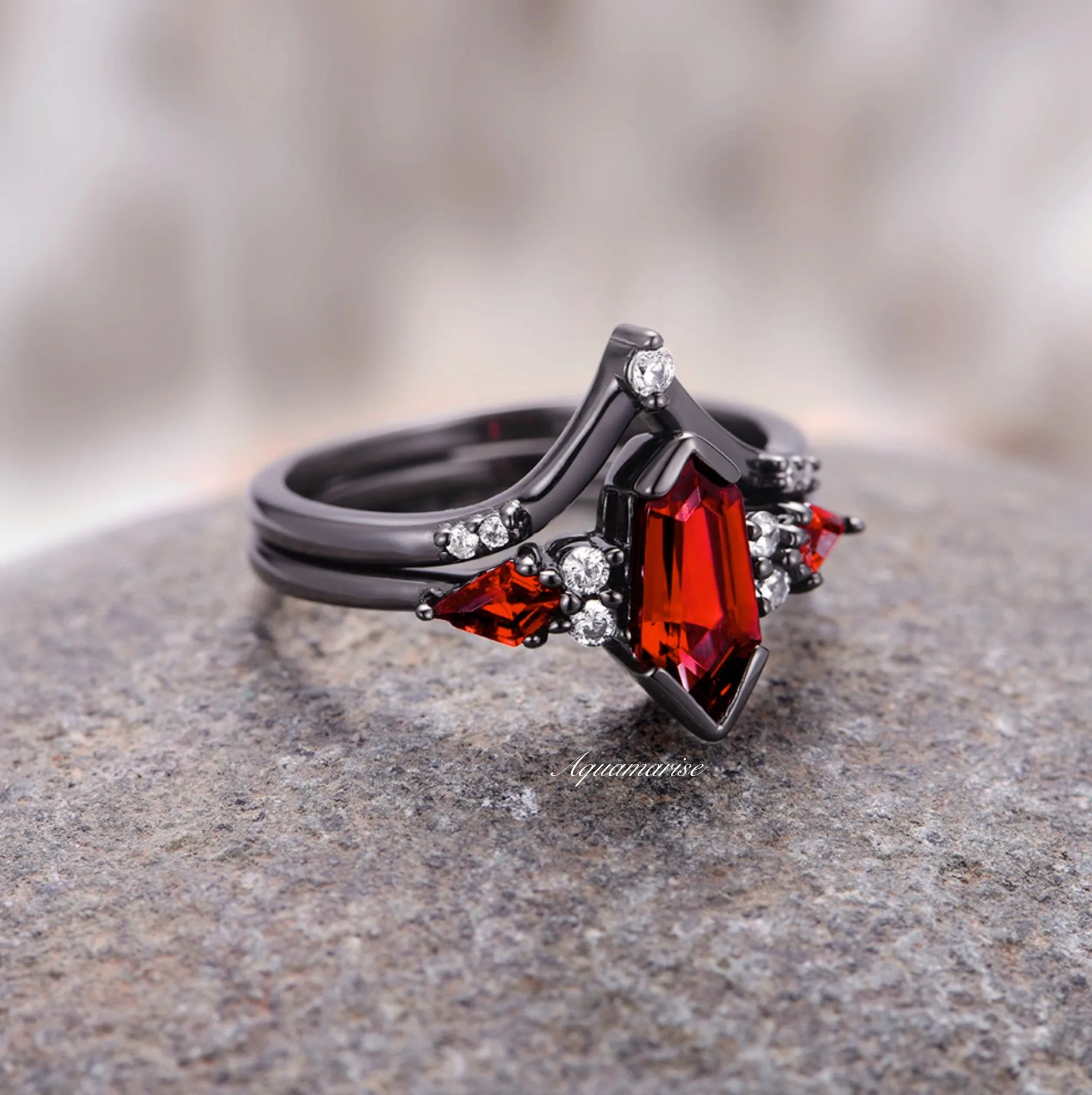 Elegant Coffin-Cut Natural Red Garnet Ring Set with Black Rhodium Finish