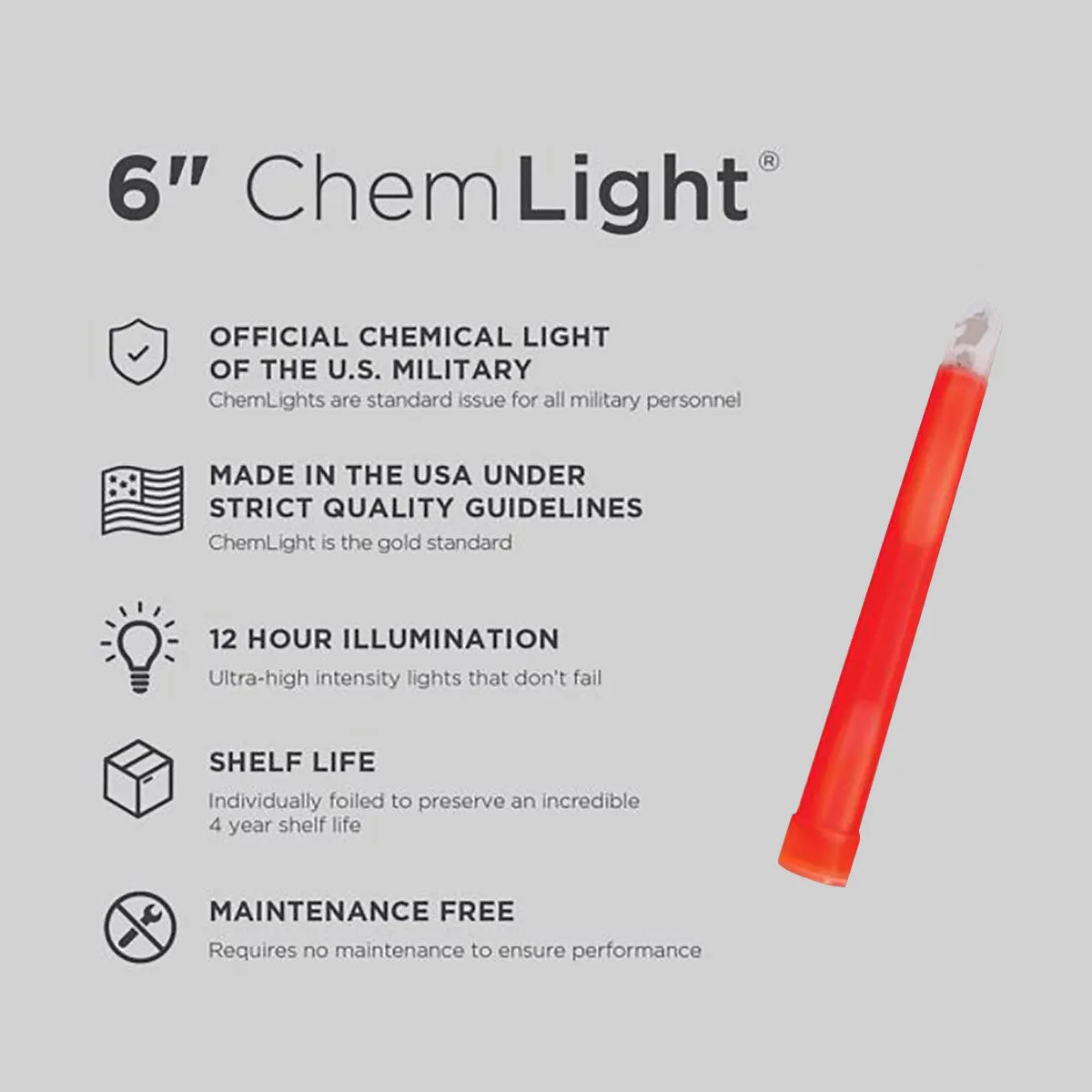 Cyalume Military Chemlight Lightstick 12 Hour 6” Red