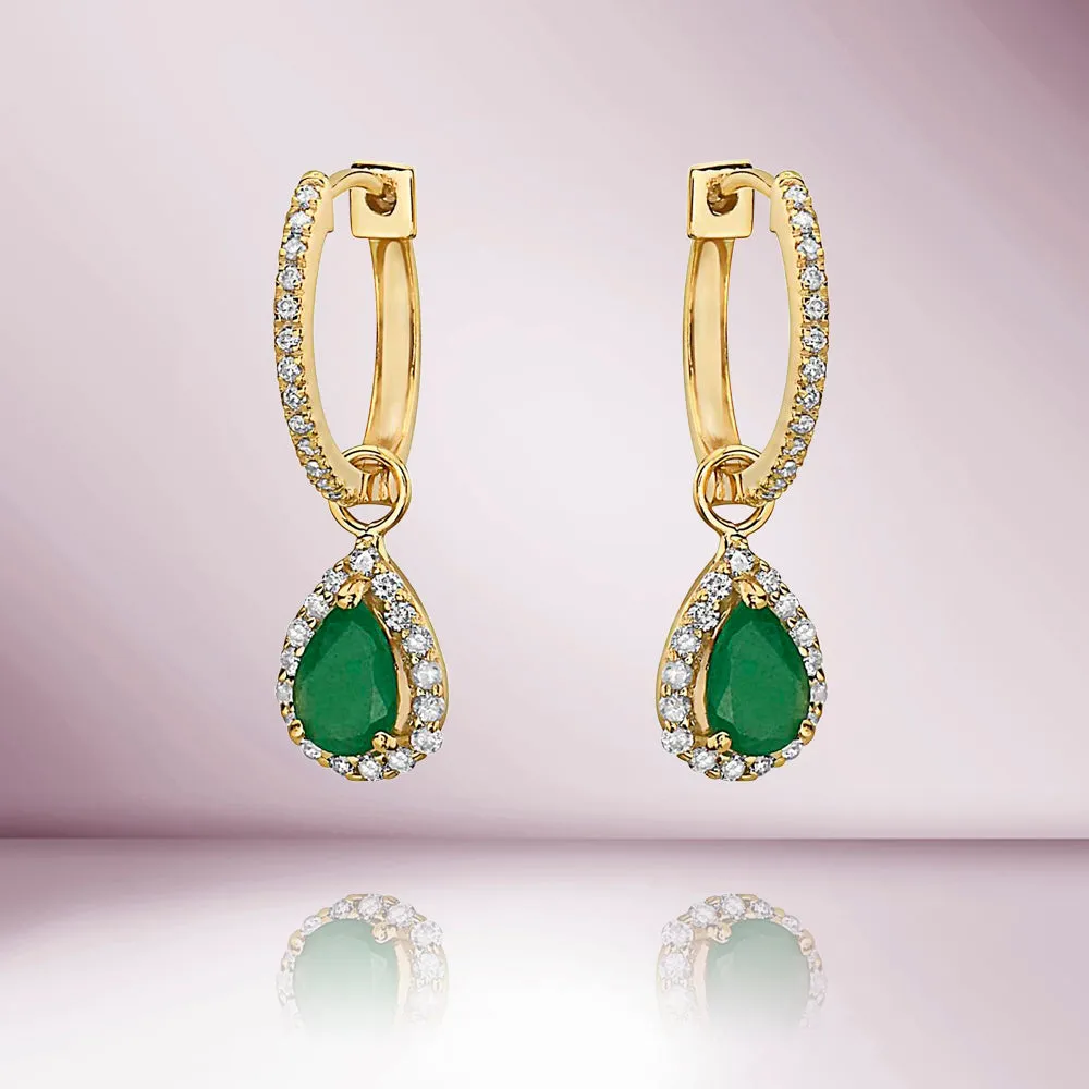 Diamond Hoop & Dangle Emerald Pear Shape With Diamond Halo Earrings (1.06 ct.) in 14K Gold