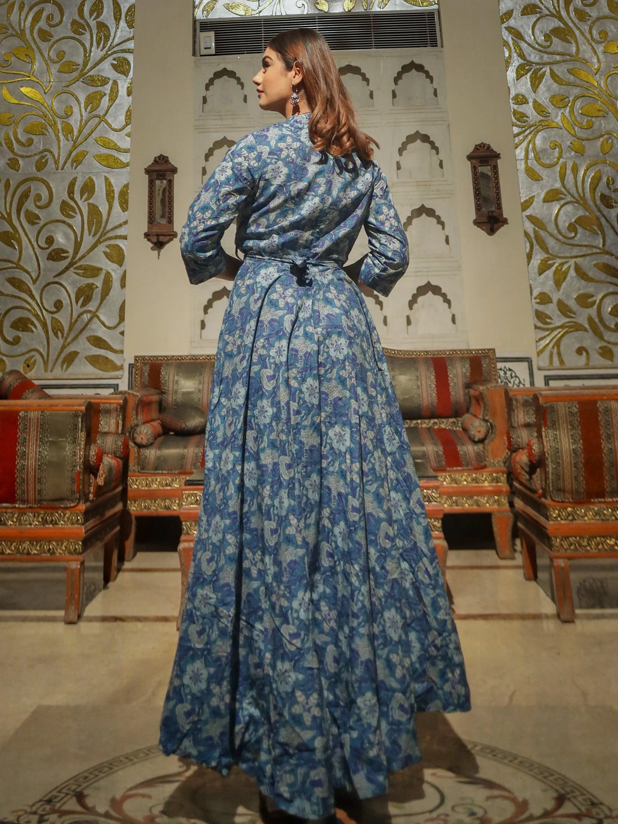 Divena Indigo Blue High Low Flared Kurta with Belt