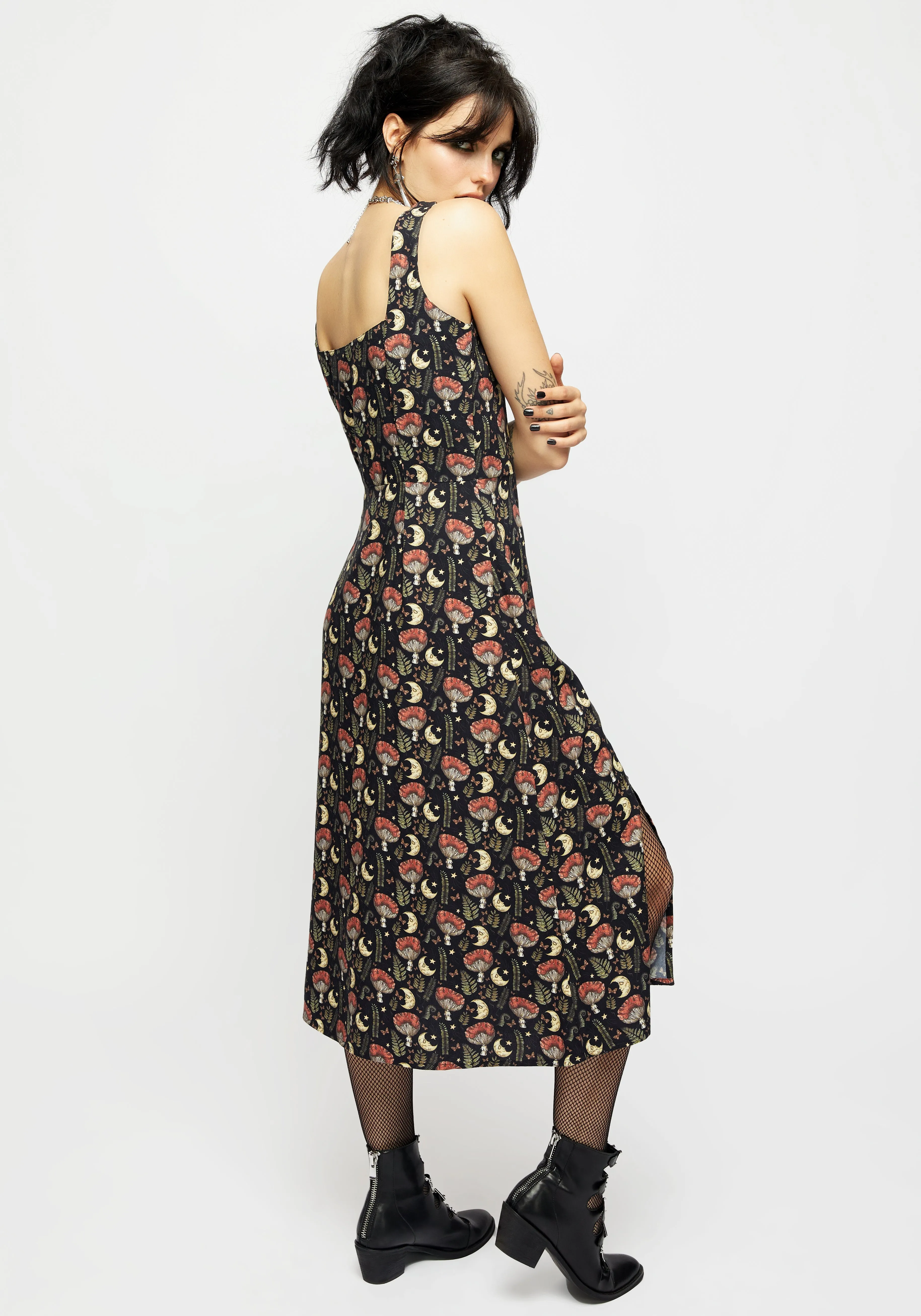 Dreamfast Mushroom Moon Print Square Neck Midi Dress