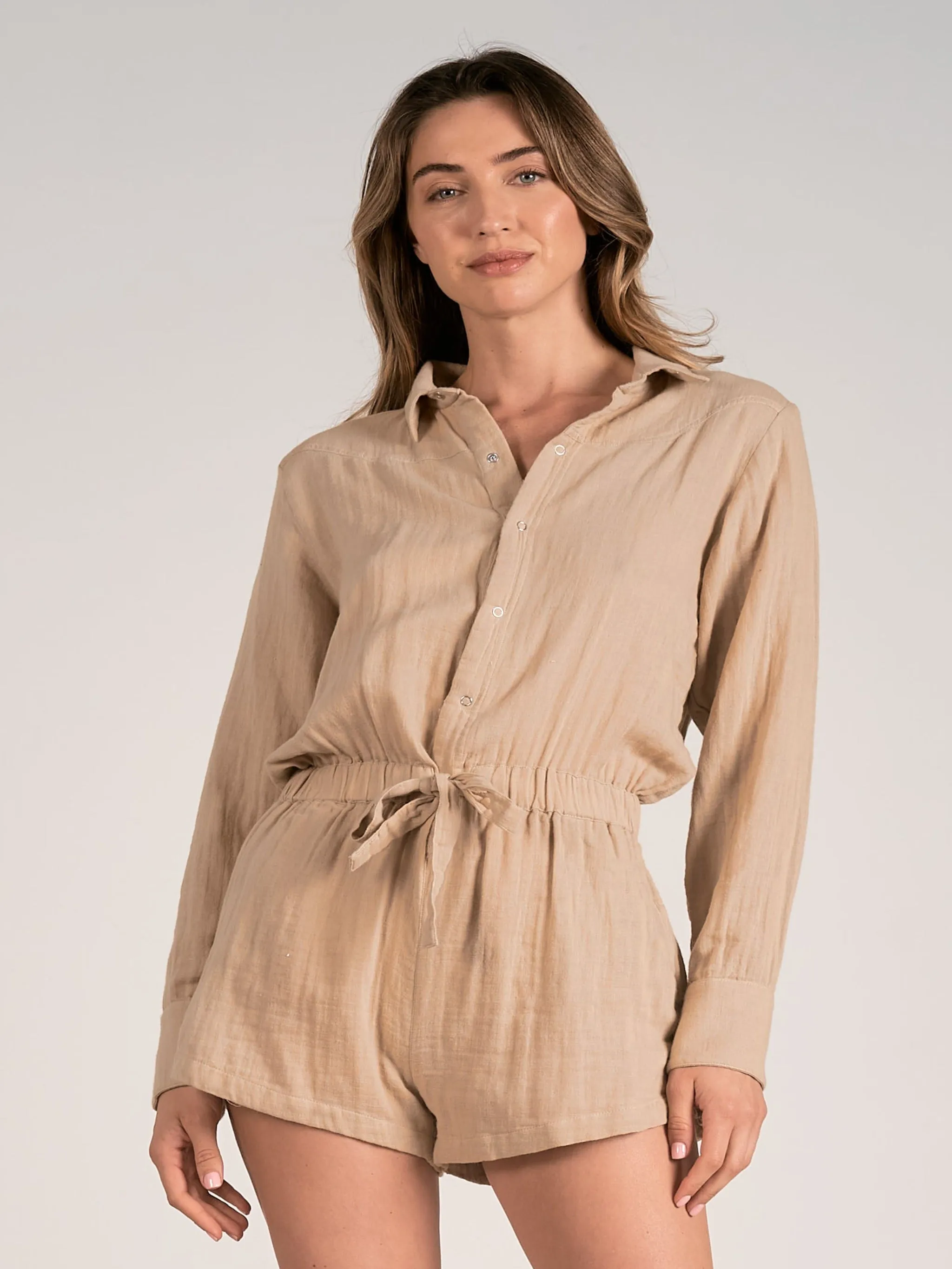 Elan Long Sleeve Button Up Romper - Peanut