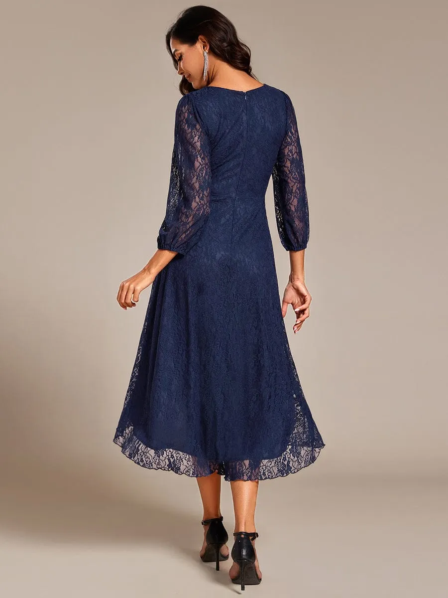 Elegant Lace A-Line Long Sleeves Midi Wedding Guest Dress