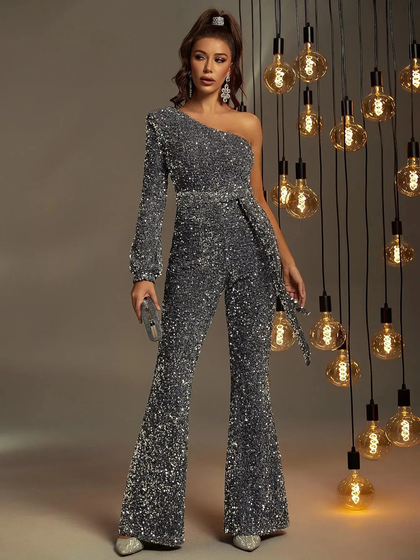 Elegant One Shoulder Long Sleeve Sequin Formal Jumpsuit