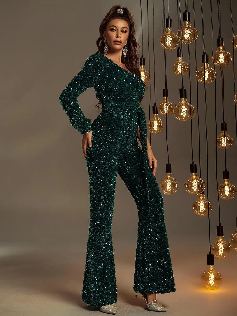 Elegant One Shoulder Long Sleeve Sequin Formal Jumpsuit