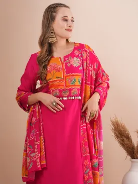 Ethnic Floral Printed & Hand Embroidered Straight Fit Kurta with Pant and Dupatta - Pink