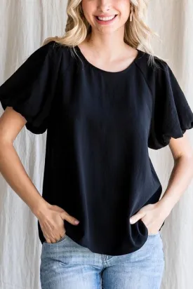 Fiona Solid Short Puff Sleeve Top- Black