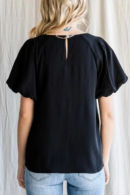 Fiona Solid Short Puff Sleeve Top- Black