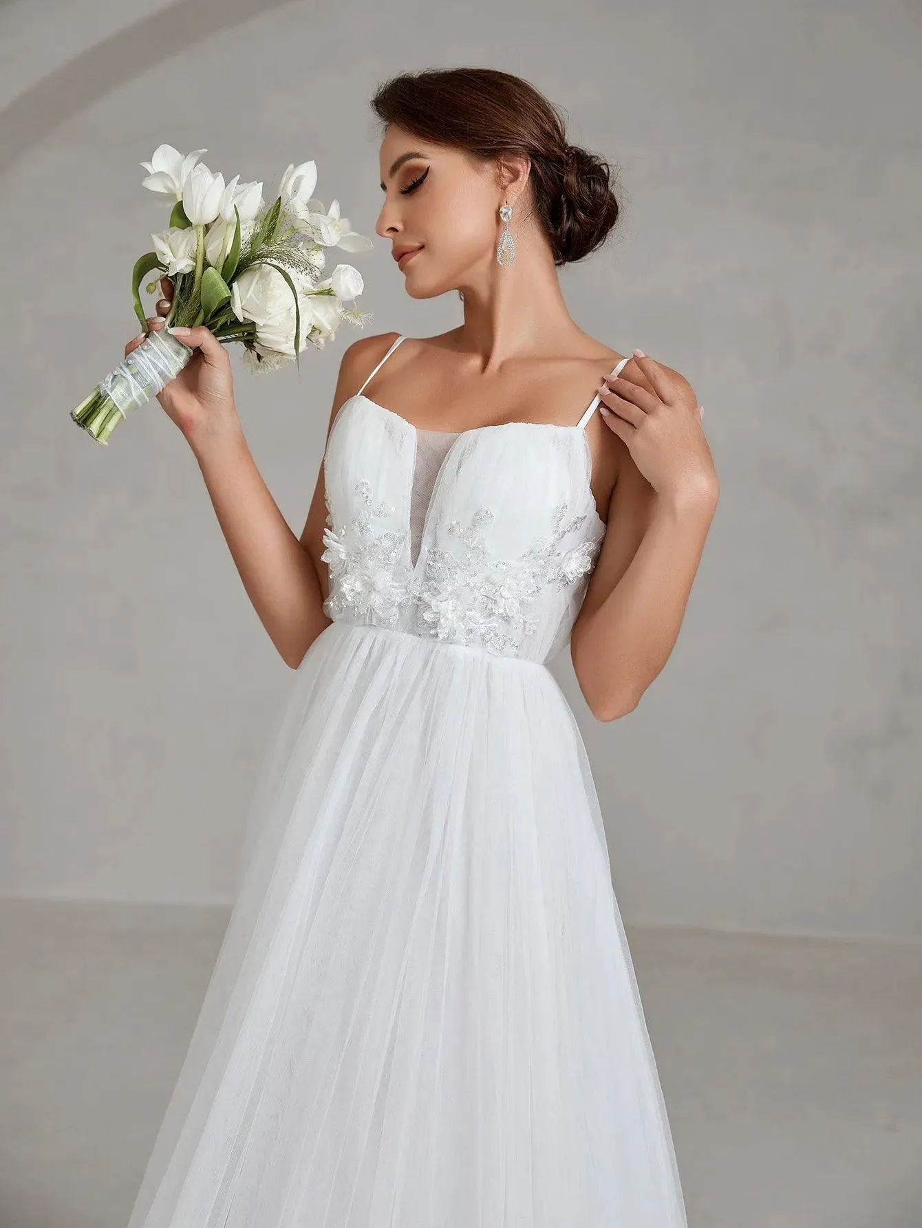 Floral Applique Lace Up Back Mesh Cami Wedding Dress