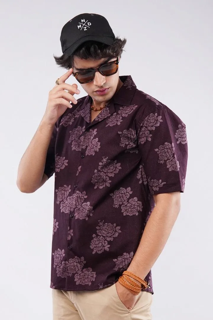 Floral Printed Cuban Shirt - Maroon