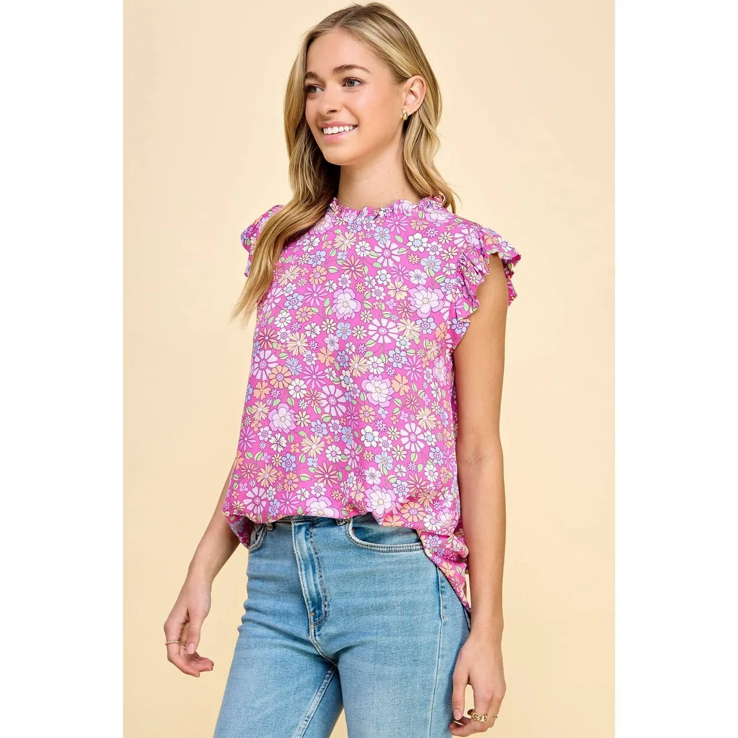 Floral Top With Ruffled Neck and Short Sleeves