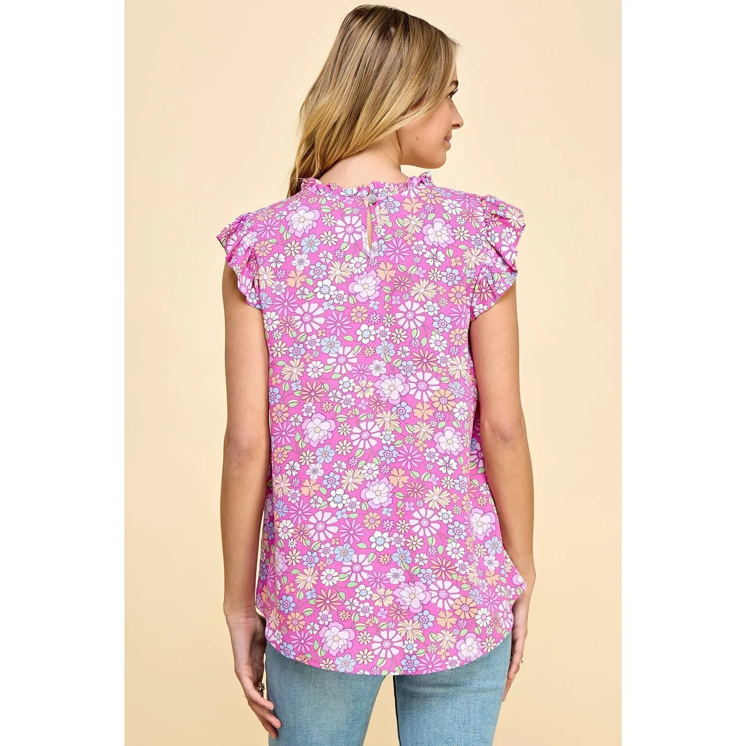 Floral Top With Ruffled Neck and Short Sleeves