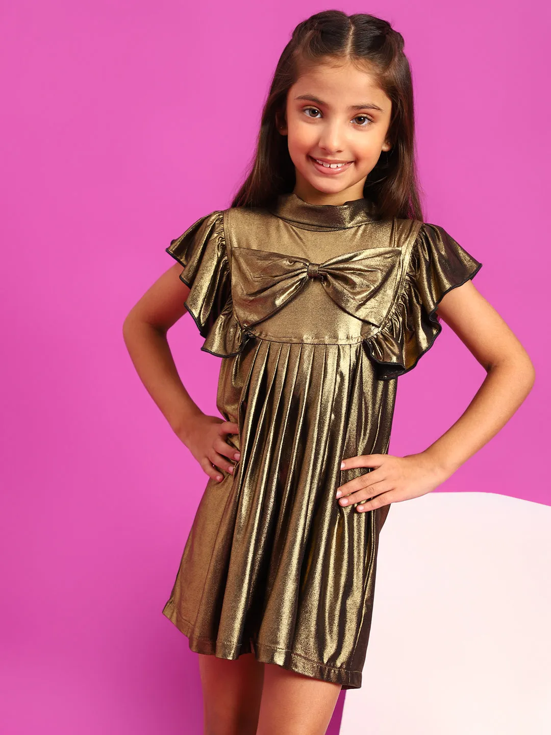 Girls Golden Polyester Regular Fit Solid Dress