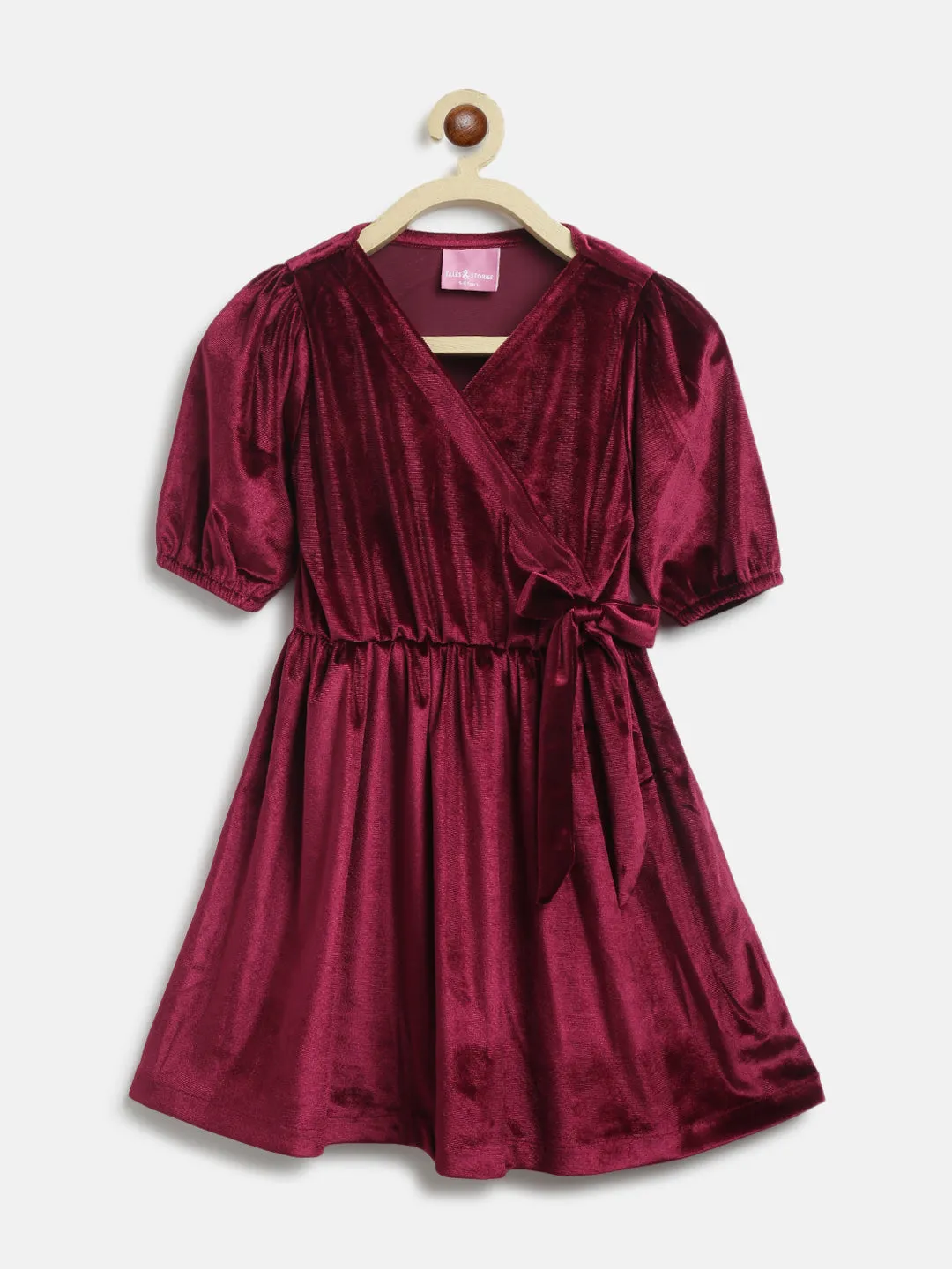 Girls Maroon Polyester Elbow Sleeve Flared Fit Solid Dress