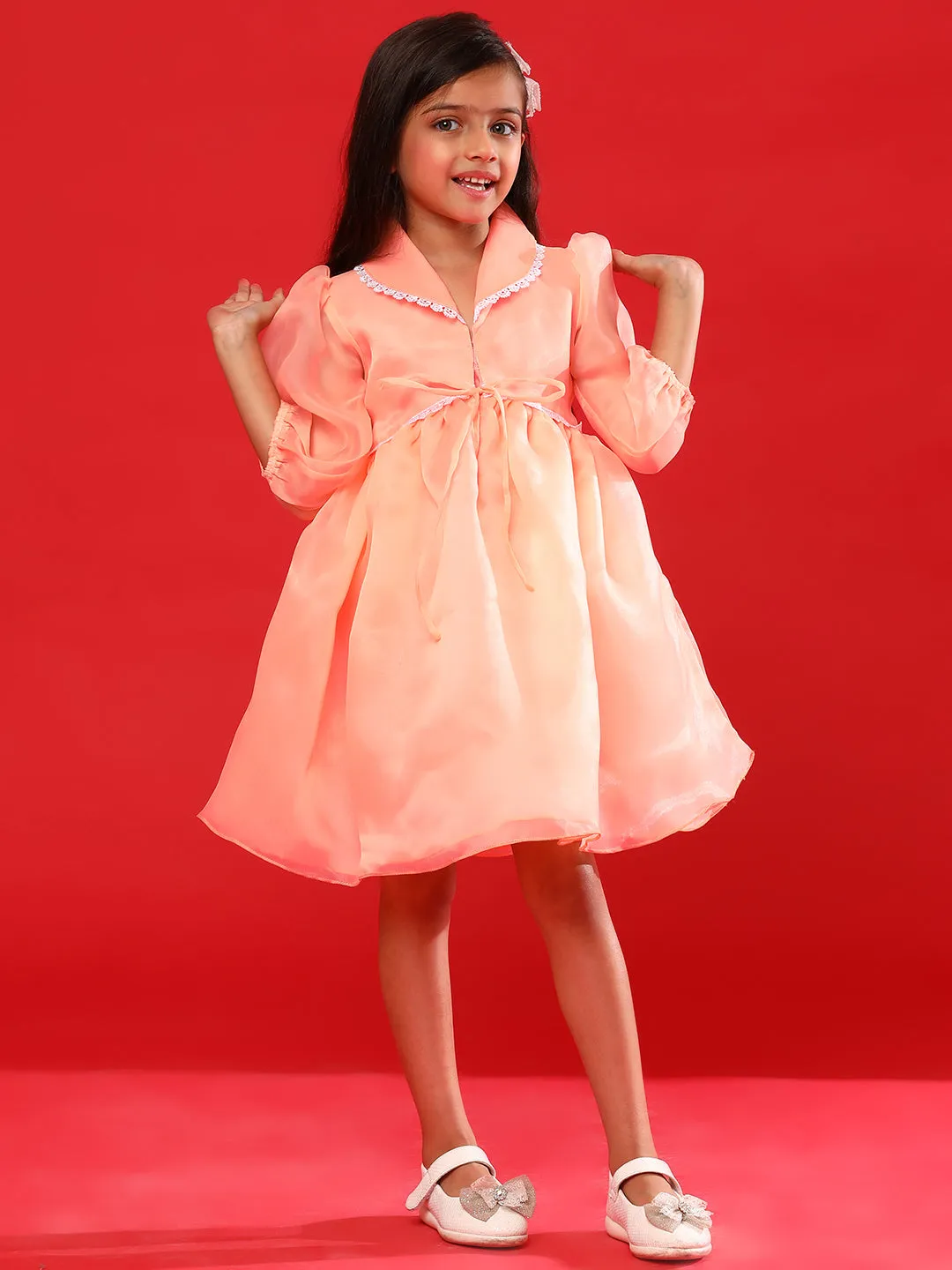 Girls Peach Polyester Regular Fit Solid Dress