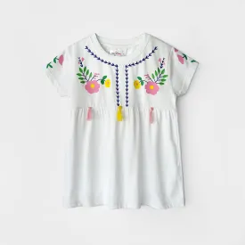 Girls Soft Cotton Graphic White Frock