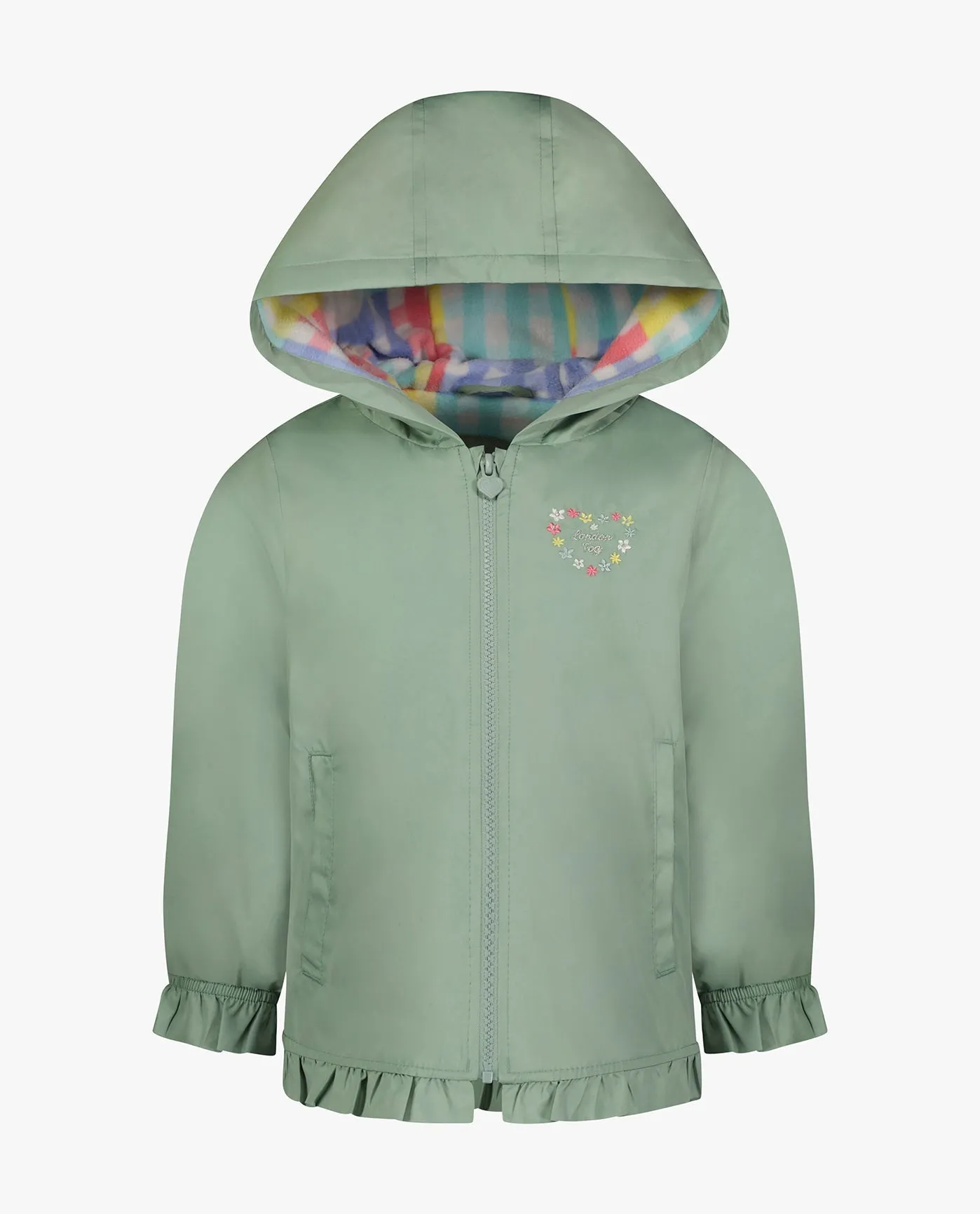 GIRLS SOLID ZIP FRONT HOODED RUFFLE RAINCOAT