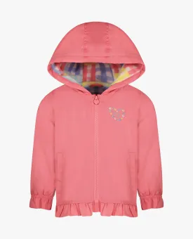 GIRLS SOLID ZIP FRONT HOODED RUFFLE RAINCOAT