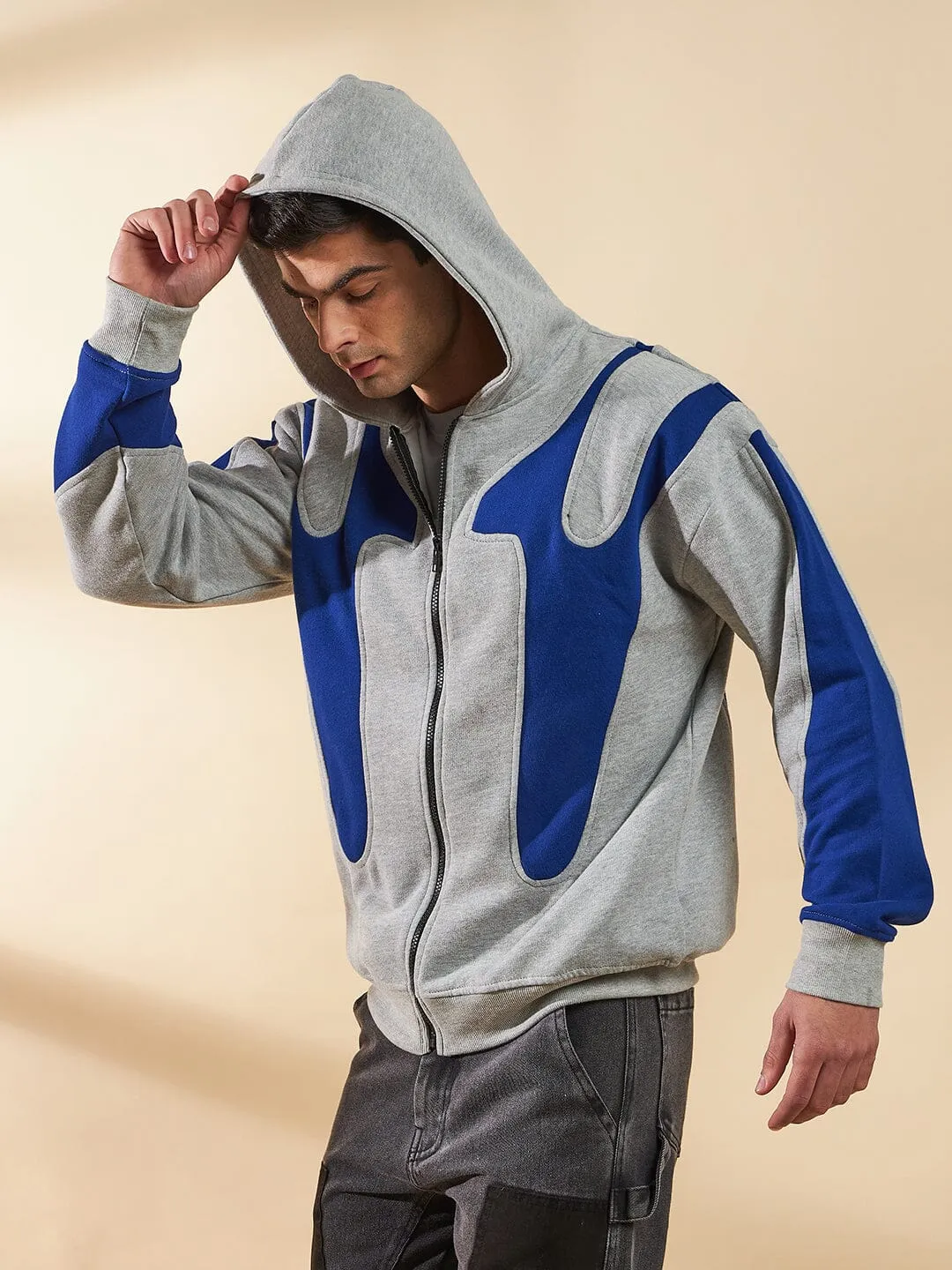 Grey & Royal Blue Cut Sew Zipped Hoodie