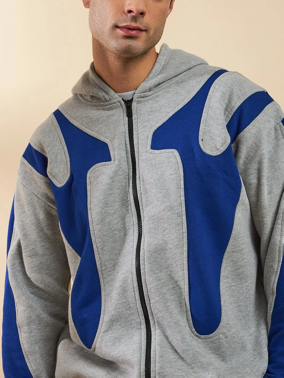 Grey & Royal Blue Cut Sew Zipped Hoodie