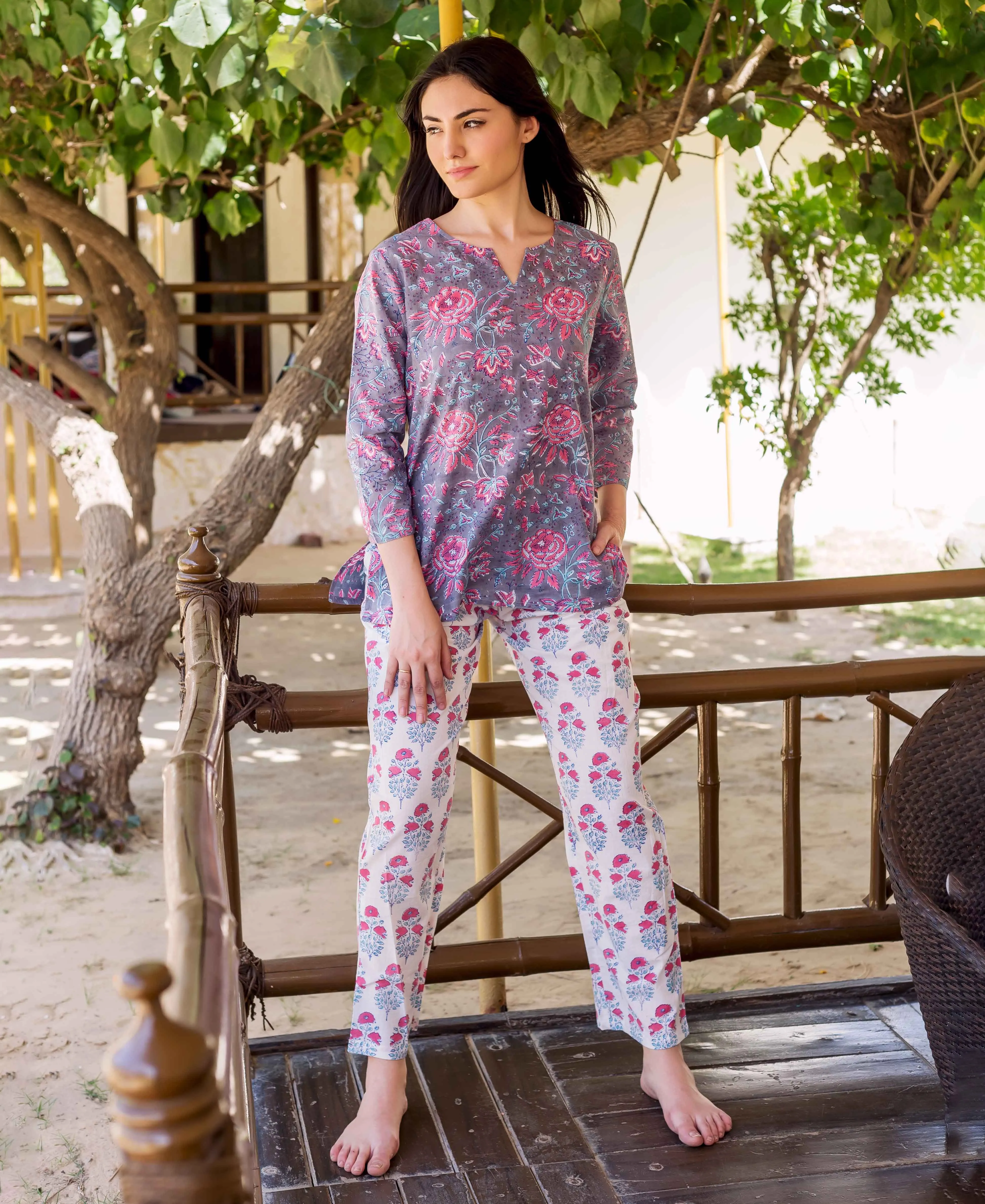 Grey and Pink Hand Block Printed Lounge Wear