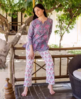 Grey and Pink Hand Block Printed Lounge Wear