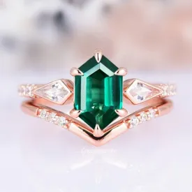 Hexagon Emerald Ring Set- 14K Rose Gold Vermeil