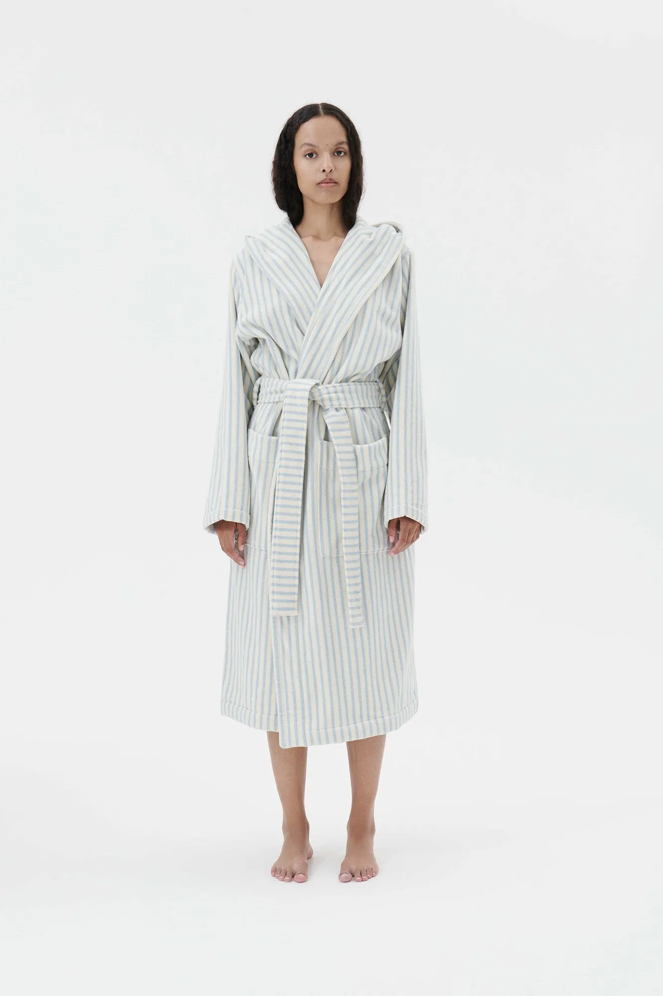 Hooded Bathrobe Soft Blue Stripe