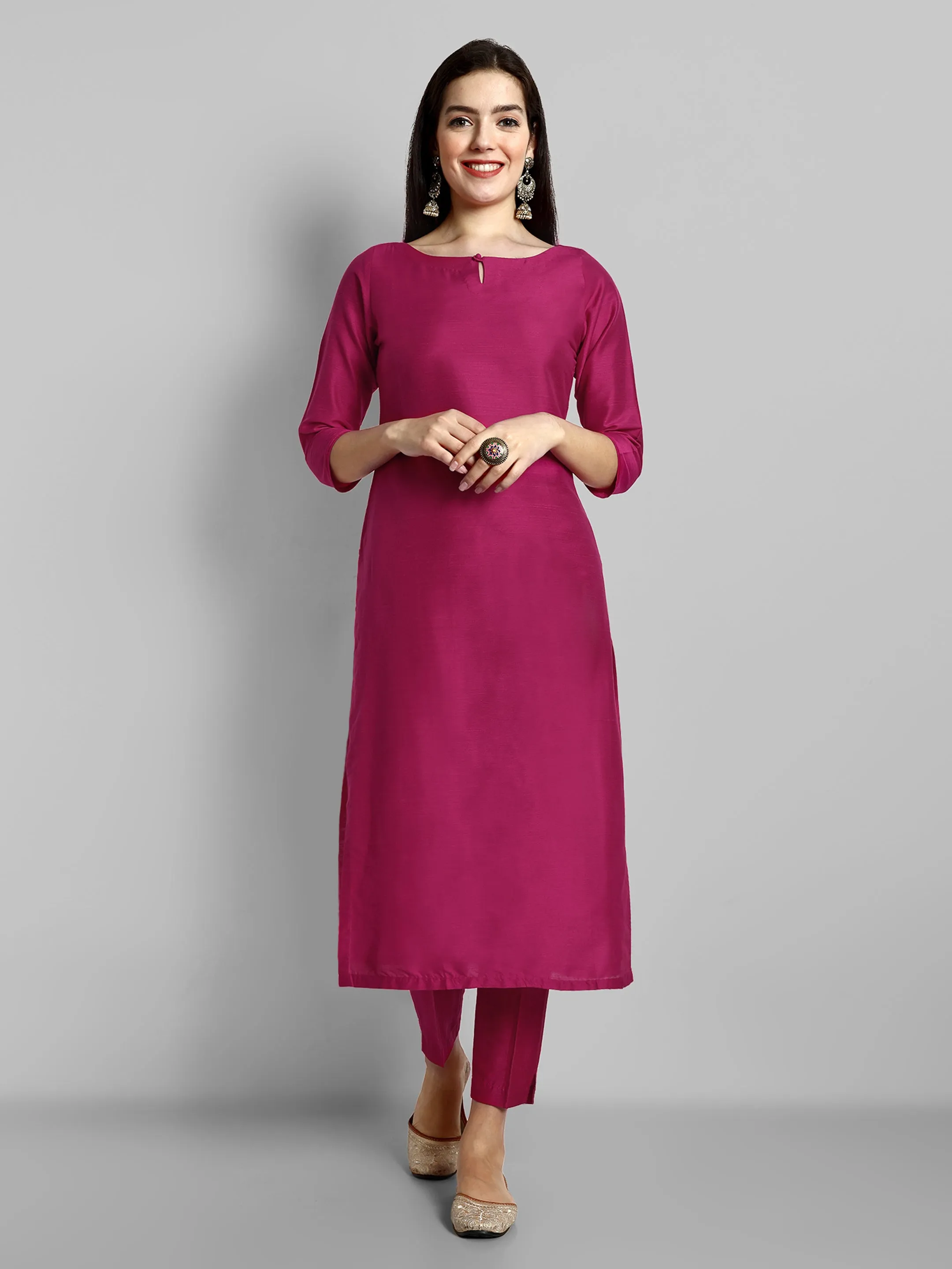 Hot Pink Boat Neck kurta with Elasticated Pant - Set of 2